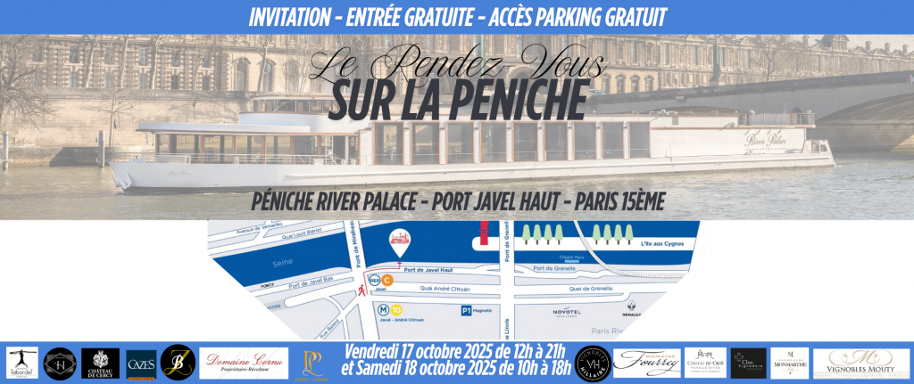 Invitation au salon du vin sur la Peniche River Palace les 17 et 18 octobre 2025